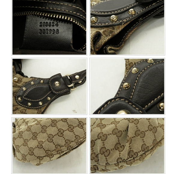 💯 AUTH GUCCI GG CANVAS LEATHER STUDED GATHER BAG - Picture 8 of 9